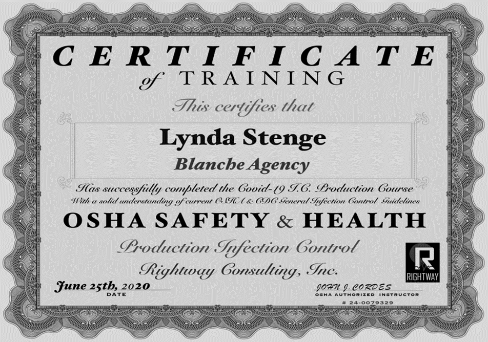 Blanche Agency OSHA Production Health + Safety Certification
